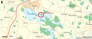 Fig. 1: Map of Maribo and the lakes. The red circle marks the island where Refshaleborg is situated (adopted from Kort & Matrikelstyrelsen, www.arealinfo.dk).