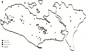 Fig. 3: Map of density of known royal, private and cleric castles and ramparts on Lolland and Falster. Most are private castles and the density is probably more elaborate than the map suggests. The island was likely host to many more private castles (source: Thit Birk Petersen, Museum Lolland-Falster).