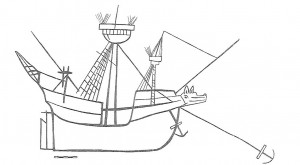 fig. 10: Carving of a ship from Sæby Church in Denmark. The carving possibly dates to the turn of the 16th century or early 16th century. The carving also features anti-boarding netting, shown by the lines which are penetrated by the masts (adopted from Christensen 1969: 87).
