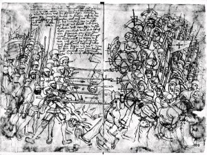 Fig. 4: A scene from the Danish siege of Old Älvsborg Fortress in 1502, drawn by German Landsknecht Paul Dolnstein in 1502. Here, too, the Swedish forces, consisting of poorly equipped peasant soldiers, had to fight against the pikes and swords of professional forces of the Danish King John I.  Although of an earlier date, the depiction offers great insight into what Rantzau's encounters with the Swedish peasant soldiers and militia  might have looked like in 1567.